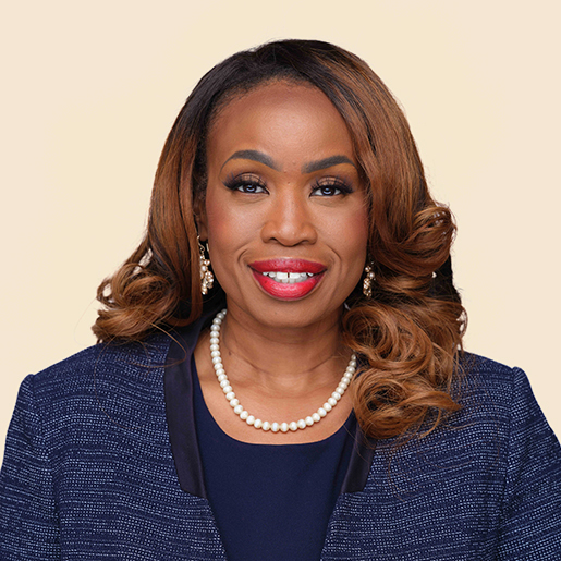 Shayla Favor wearing a dark blue suit
