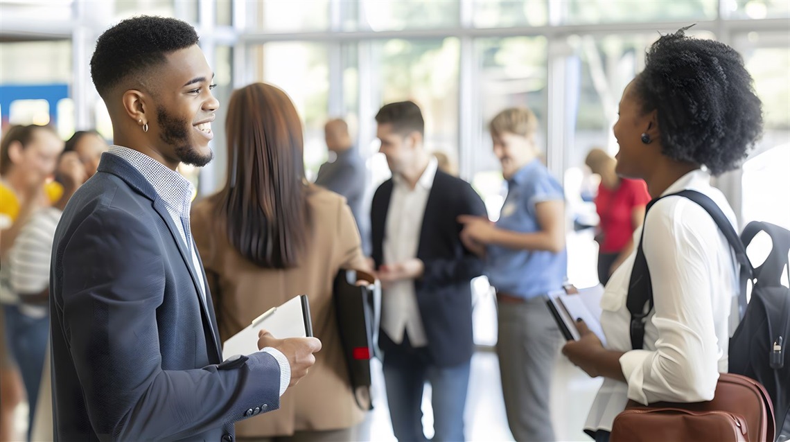 Two young people talking in a crowded room that looks like a professional networking event